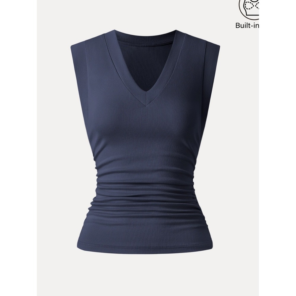 OGL Plantive Stretch Cotton V-neck Side Ruched Muscle Bra Top Blue Brami XL NWT